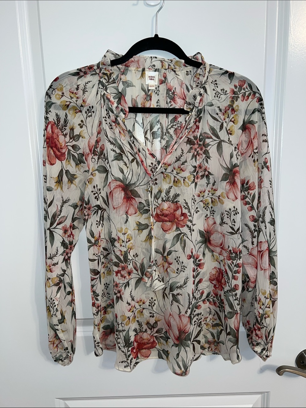 Sheer Floral Tie-Neck Blouse - Pink Floral